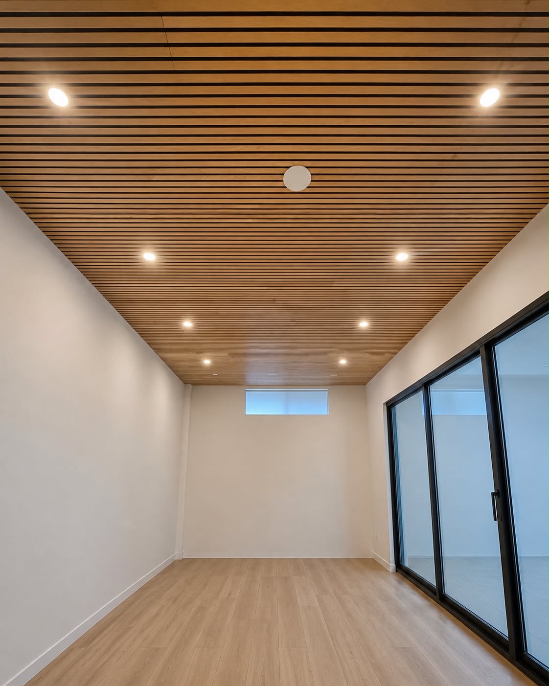 Timber batten ceiling with downlights